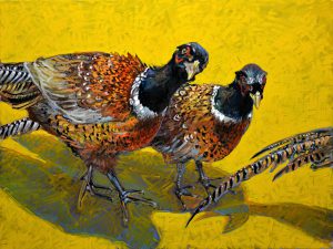 oil on linen of three pheasants